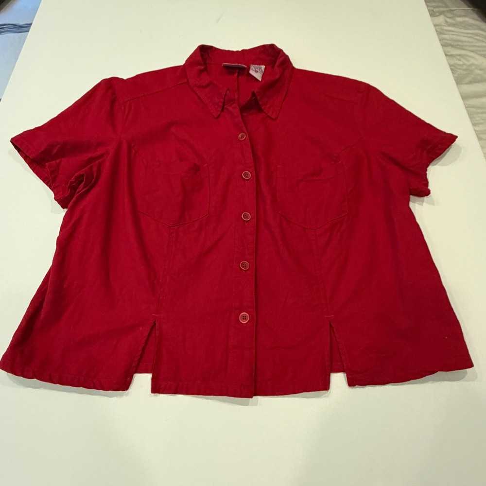 Studio Ease Womens 18W Red Linen Blend Button Front Blouse Artsy Lagenlook